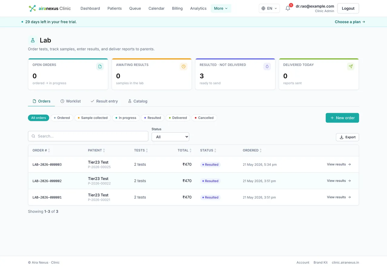 Aira Nexus lab screen listing orders, sample status and results ready to deliver to parents