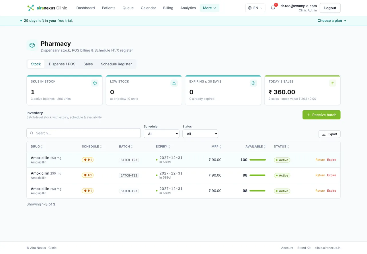 Aira Nexus pharmacy screen showing batch-level stock, expiry tracking and a Schedule H1 register