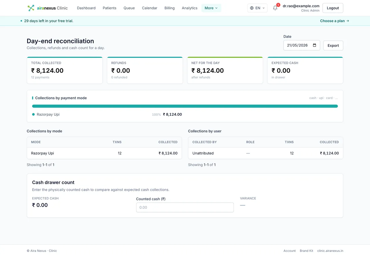 Aira Nexus day-end reconciliation screen showing collections, refunds and a cash-drawer count